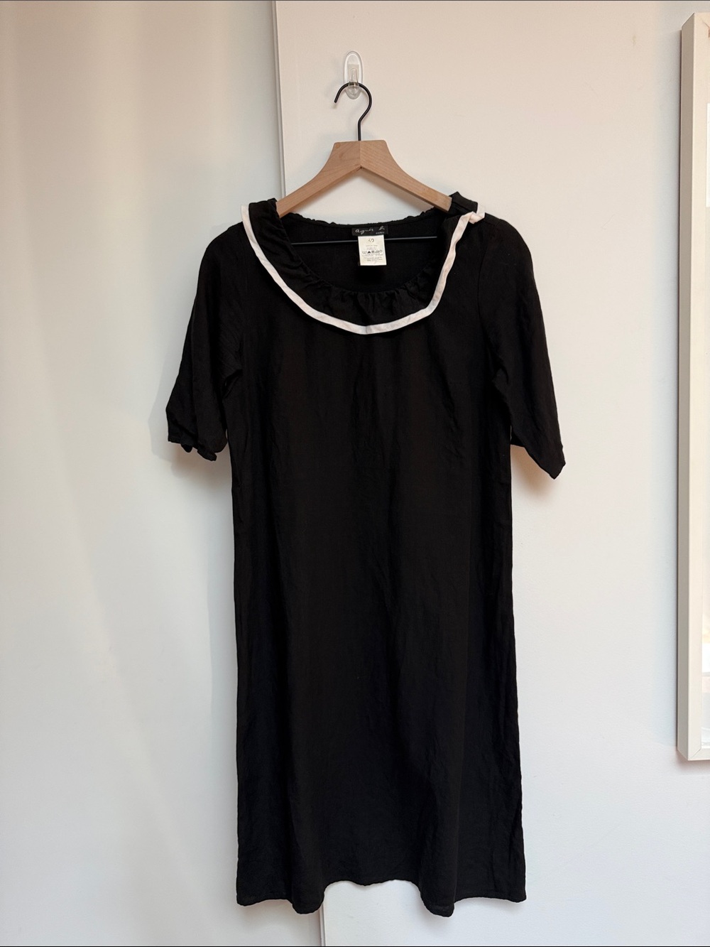 Agnes B. Black Linen Midi Dress with White Neck Trim